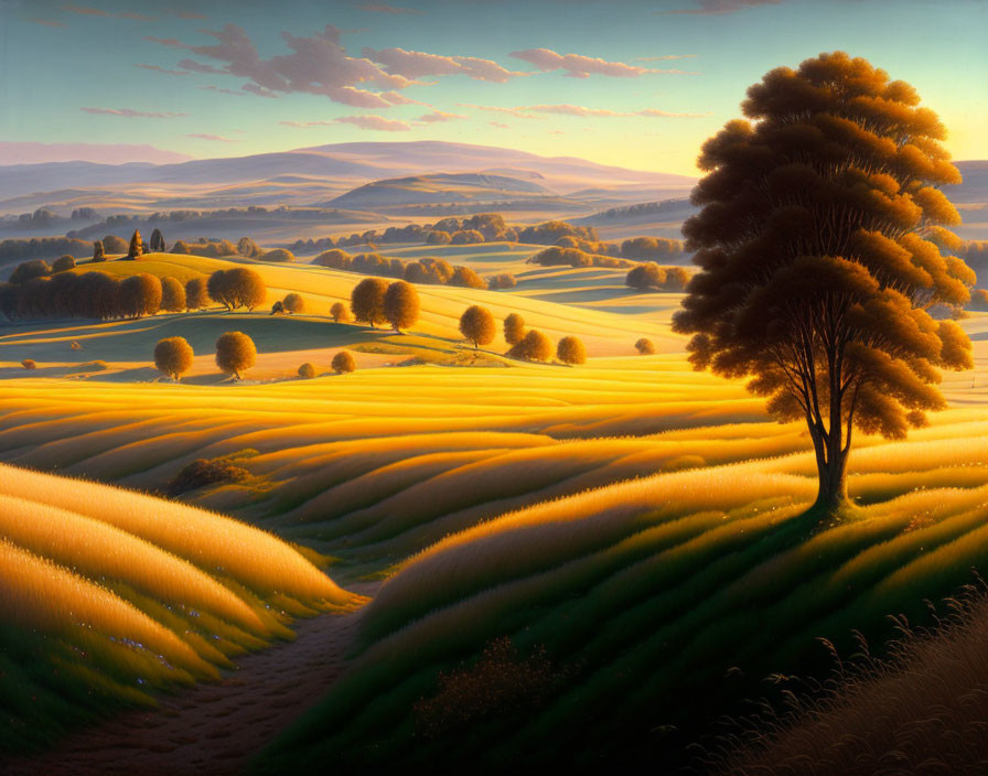 Tranquil sunrise landscape with golden fields, rolling hills, tree, and distant mountains.