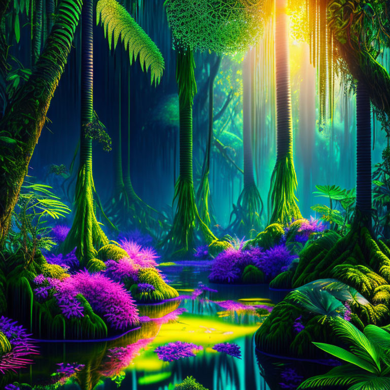 Luminous Jungle Scene with Purple Flora and Reflective Water