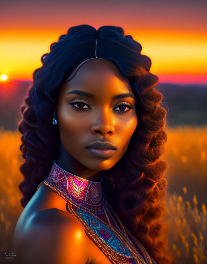 Woman with Wavy Hair in Sunset Field with Vibrant Garment