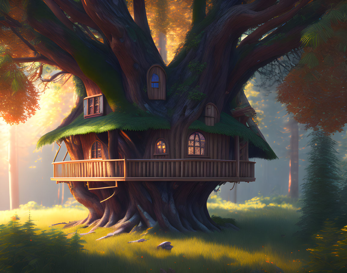 Whimsical treehouse with balcony in giant tree amidst sunlit forest