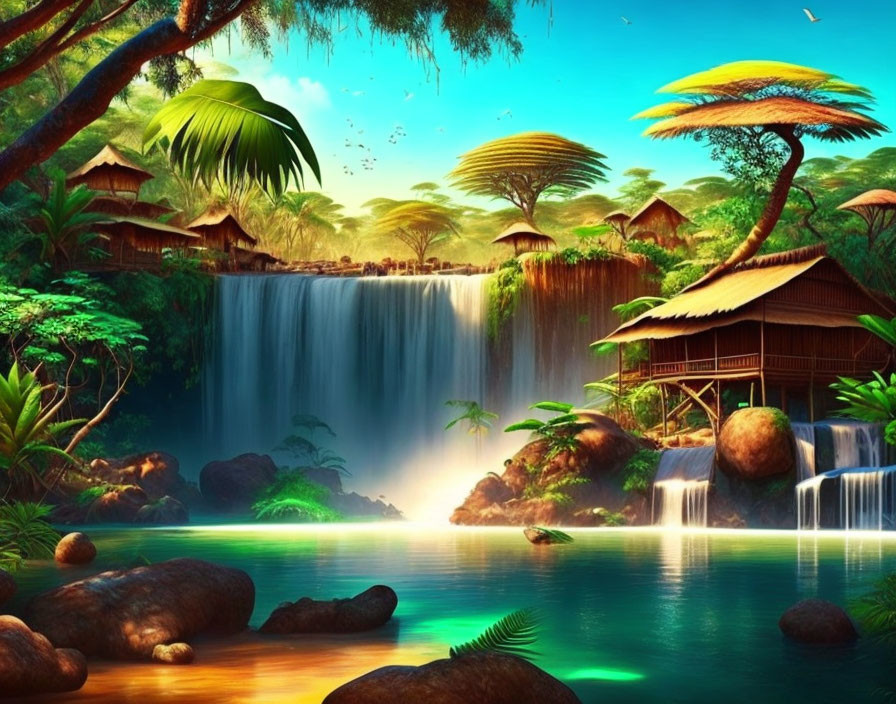 Digital artwork: Tropical paradise with waterfall, huts, lush greenery, serene lake.