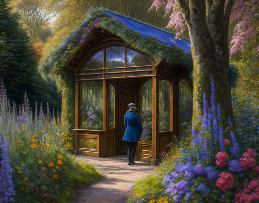 Person in Blue Coat and Hat at Ornate Wooden Garden Gazebo surrounded by Flowers