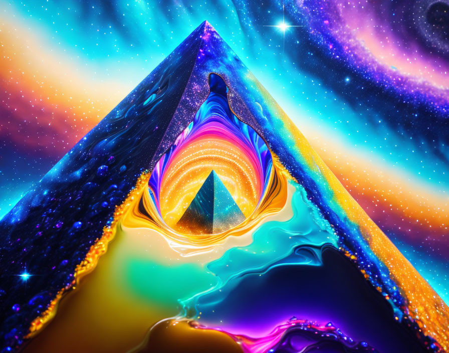 Colorful surreal landscape with mirrored pyramid and cosmic sky.