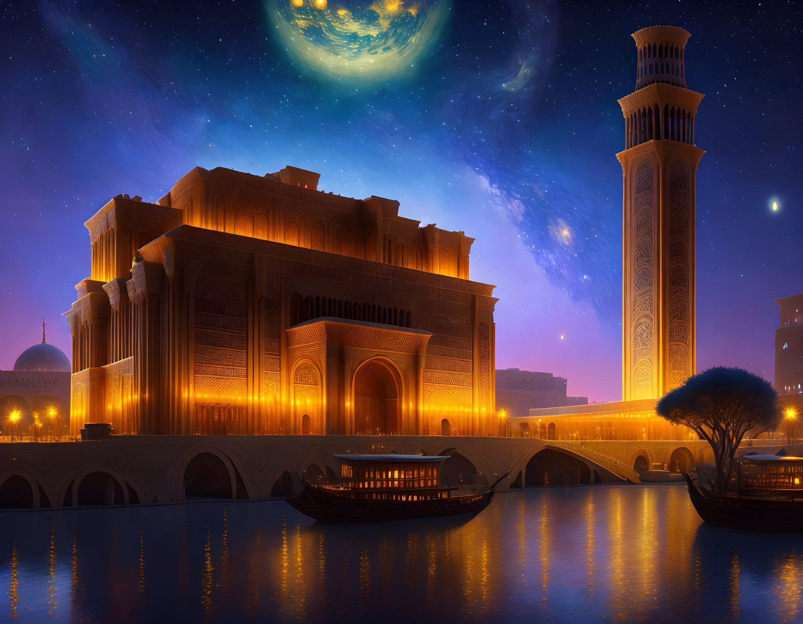 Grandiose Middle Eastern palace at twilight by river with gondolas and vibrant cityscape.