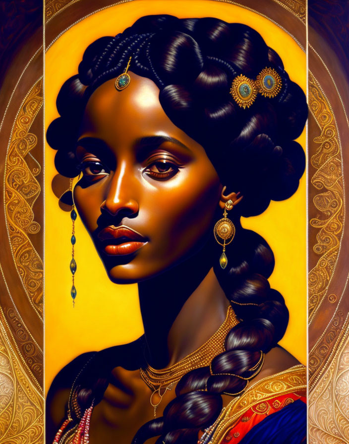 Detailed portrait of woman with intricate hairstyle and jewelry on golden backdrop