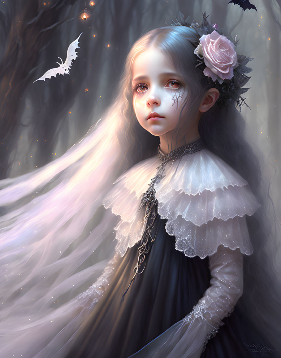 Ethereal portrait of young girl with white hair and bat in background