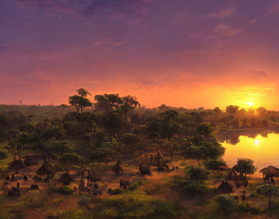 Tranquil African village sunset with huts, river, and wildlife