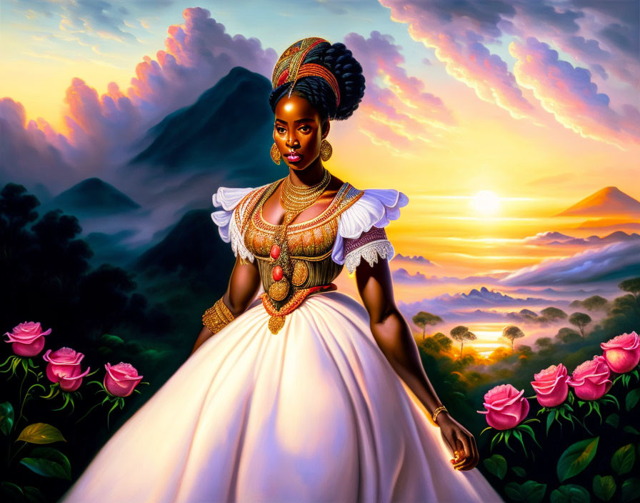 Traditional attire woman with sunset, mountains, and roses illustration