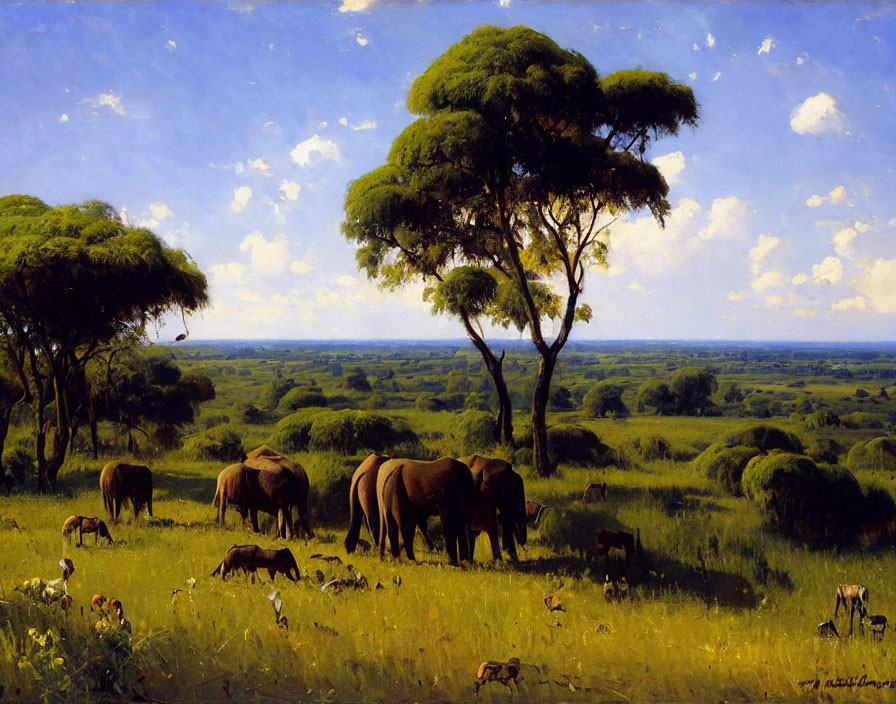 Tranquil landscape: elephants grazing in lush field under blue sky