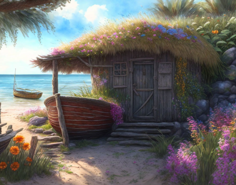 Seaside hut with vibrant flower thatch, old boat, and calm shore landscape.