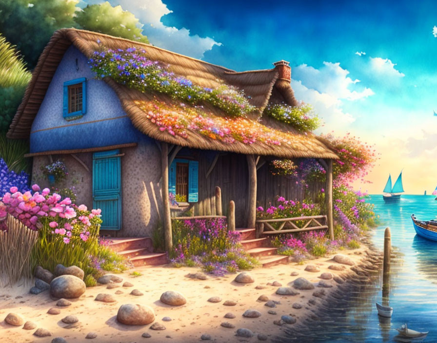 Quaint cottage with flower-covered roof by serene lake and sailboats at sunset