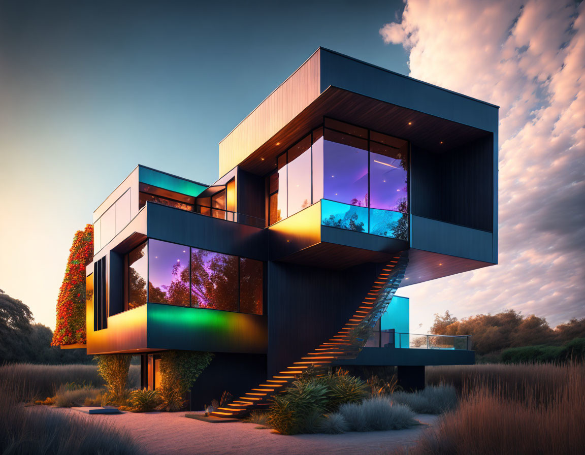 Contemporary two-story house with large glass windows and metal staircase in natural setting at dusk