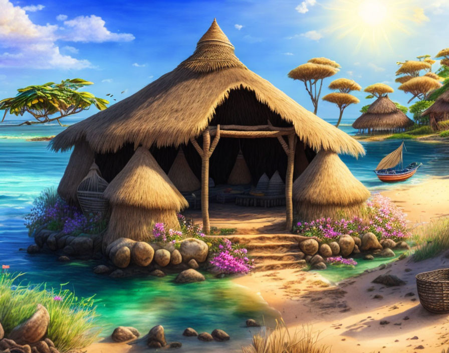 Tropical beach sunset scene with thatched hut, boat, and flowers