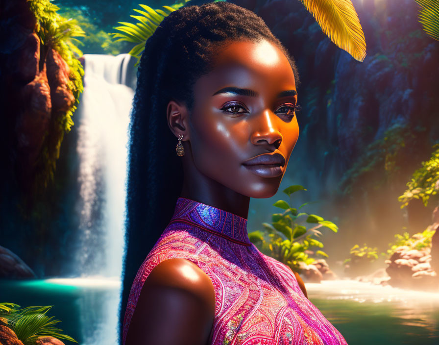 Dark-skinned Woman in Purple Outfit by Lush Waterfall