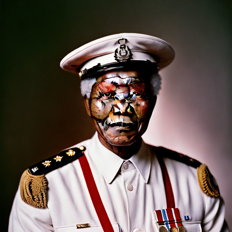 Person in white military uniform with skull face paint and medals.