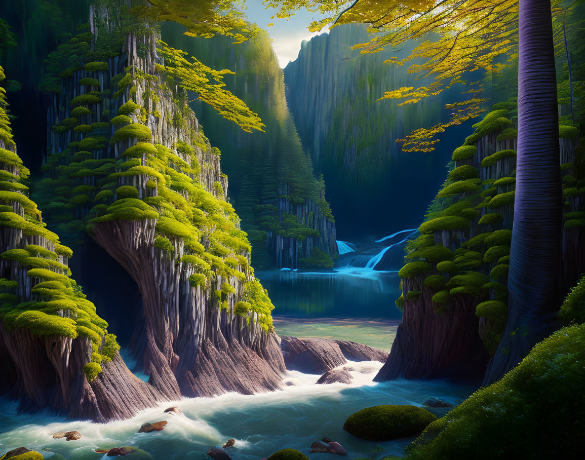 Enchanting forest with moss-covered trees, waterfall, and river