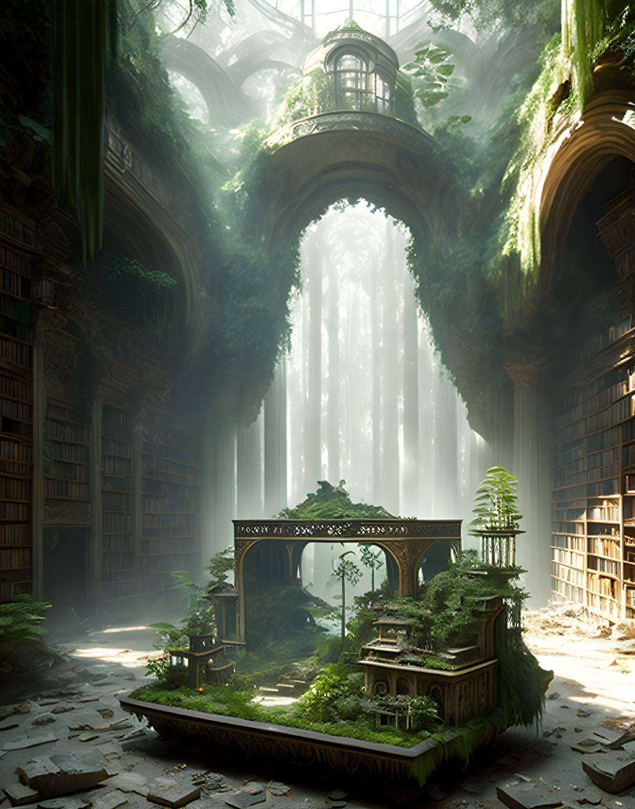 Lush Greenery Overgrown Library with Sunlight Streaming