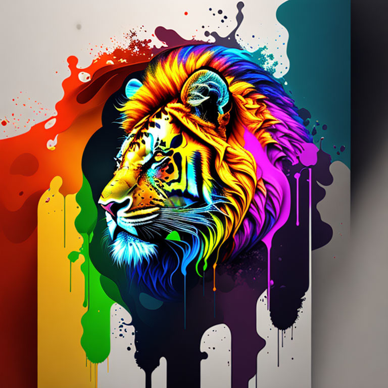 Colorful Lion Head Digital Artwork with Paint Splatter Motif