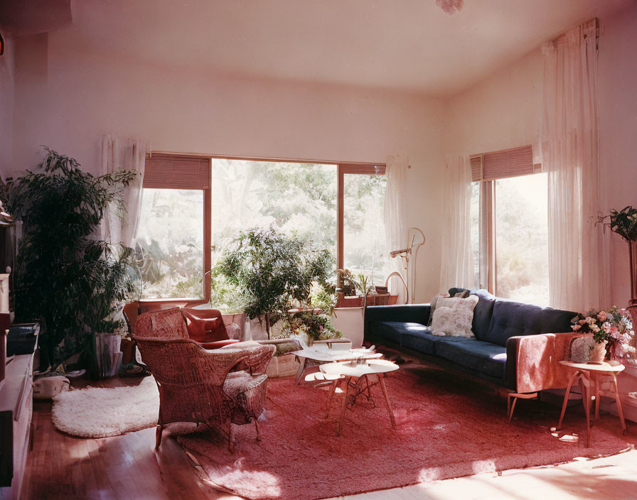 Sunlit Living Room with Blue Sofa, Red Armchair, and Lush Plants