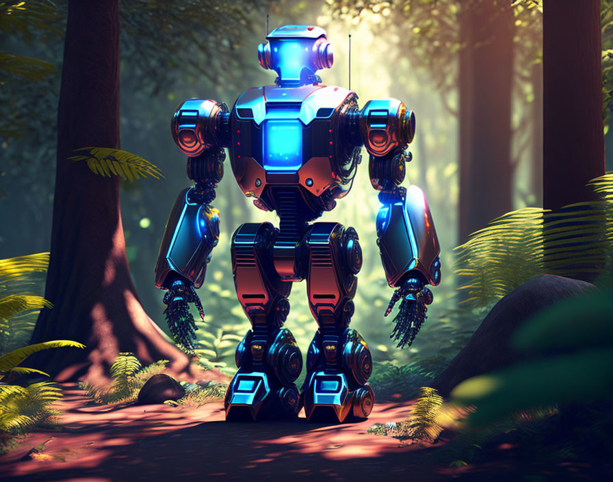 Futuristic robot with blue glowing parts in sunlit forest