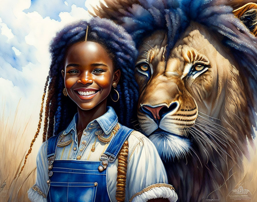 Smiling girl with braided hair and majestic lion under cloudy sky