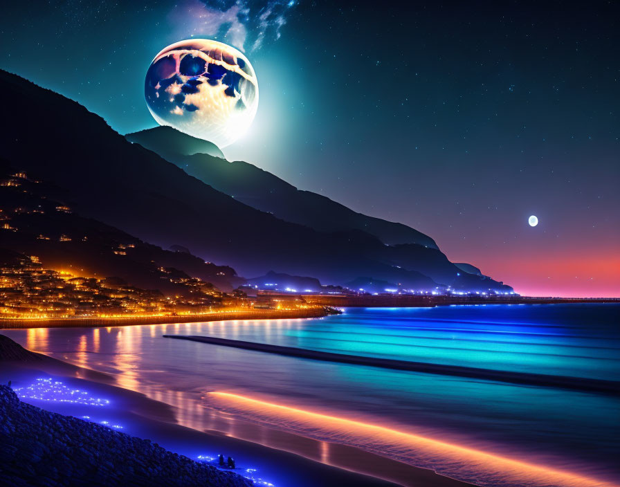 Surreal coastal nightscape with luminous blue waves and fantastical moon.