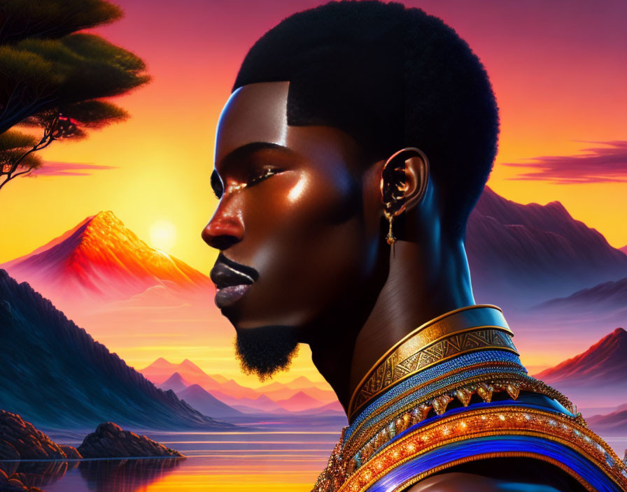 Portrait of Man with African Features in Gold Jewelry Against Sunset