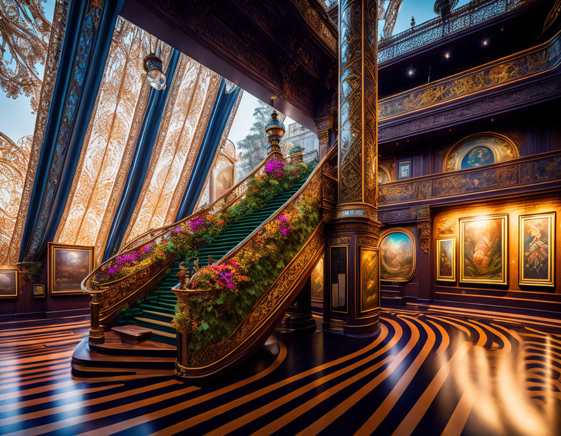 Luxurious Interior with Grand Staircase and Floral Decorations