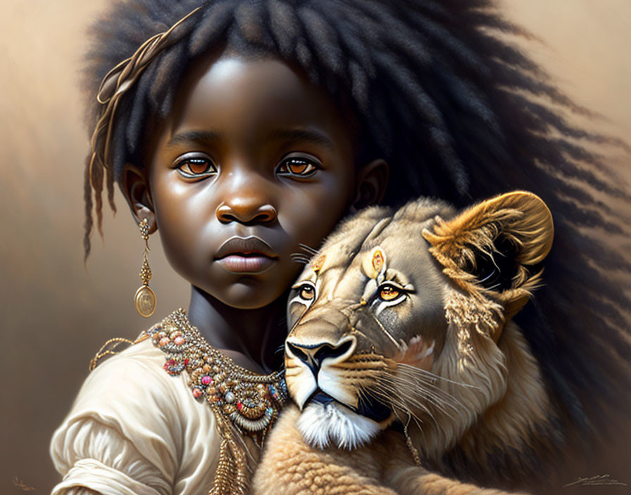 Young girl and lion depict serene bond with intricate jewelry and decorative facial markings.