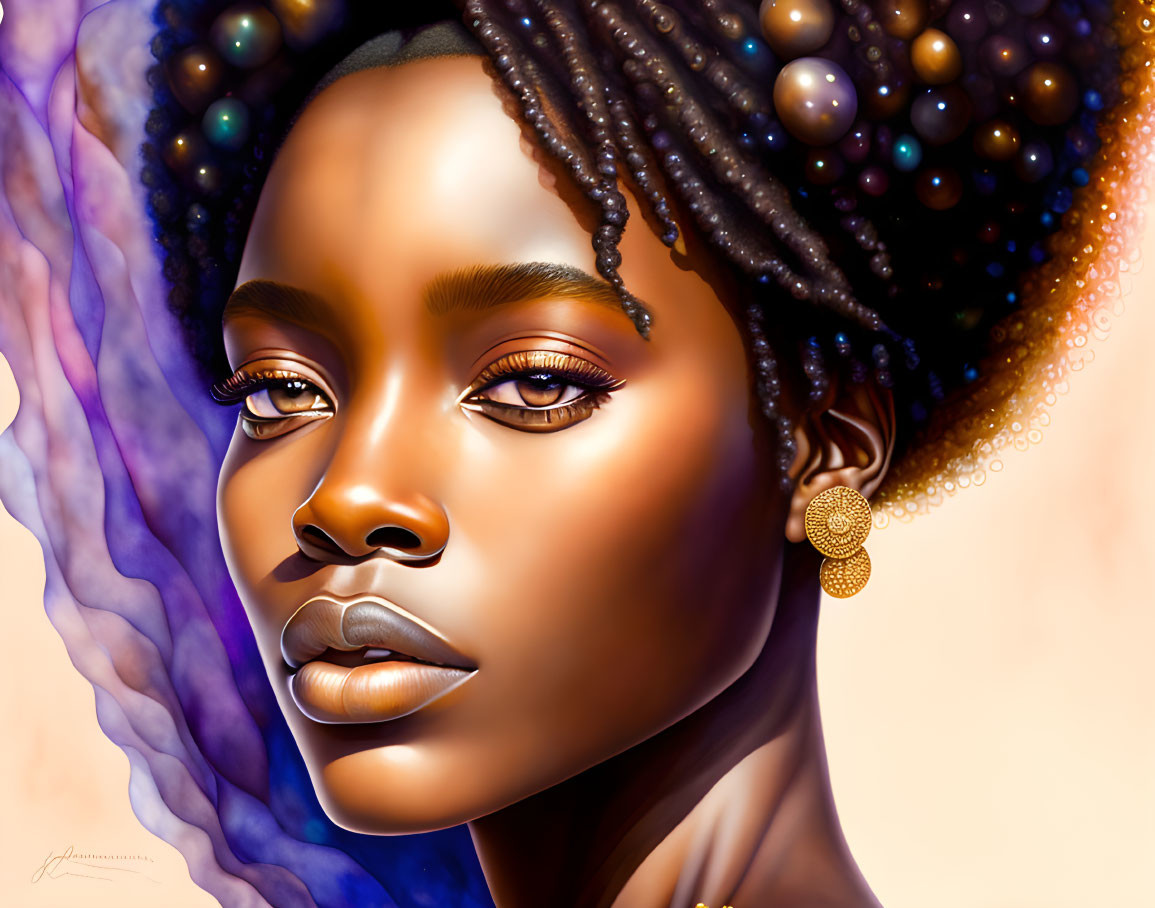 Detailed digital portrait of a woman with beaded hair and gold earring in warm tones.