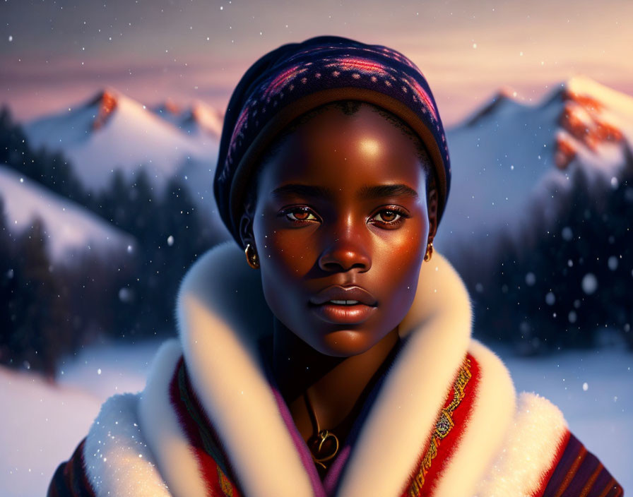 Dark-skinned woman in headwrap against snowy mountain at sunset