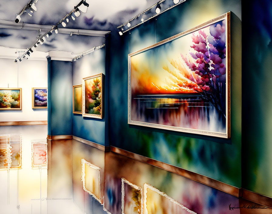 Vibrant Watercolor Paintings in Blue-Walled Art Gallery