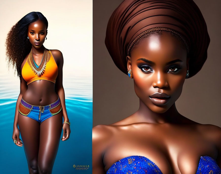 Composite Image: Dark-skinned woman in swimsuit and elegant attire with different backgrounds