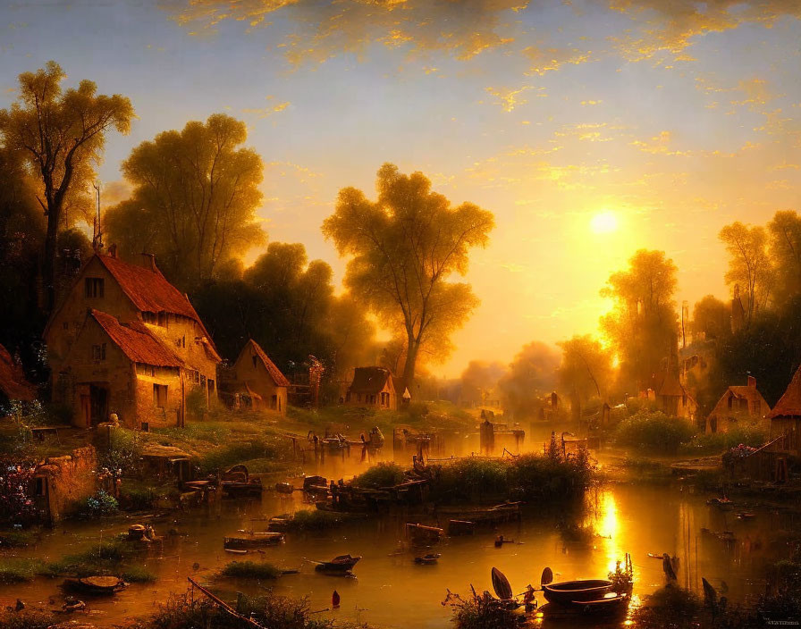 Golden sunset over calm river with rustic cottages and boats