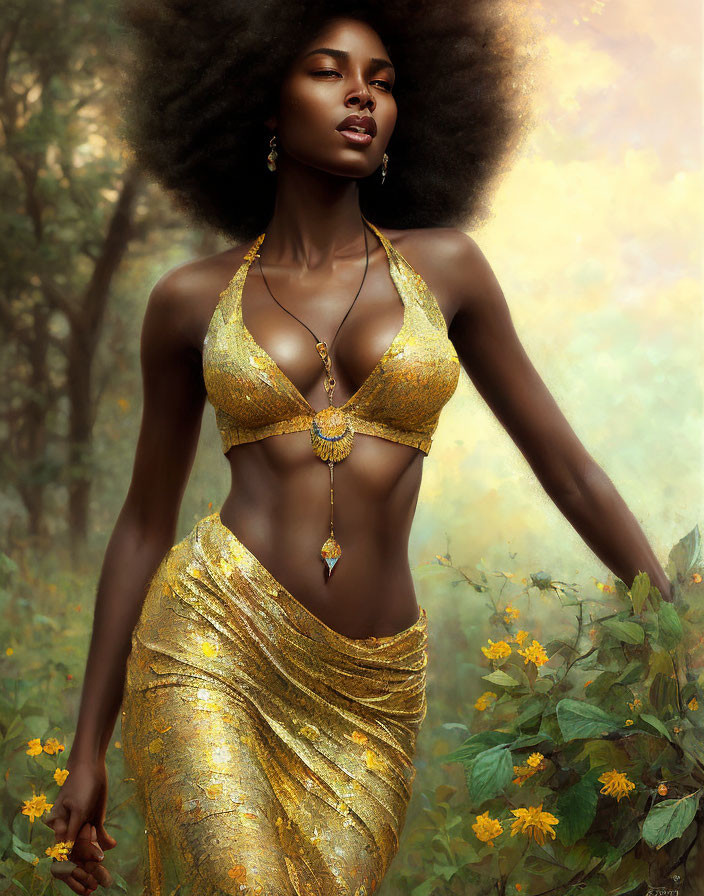 Woman with afro in gold outfit walking in hazy woodland with yellow flowers.