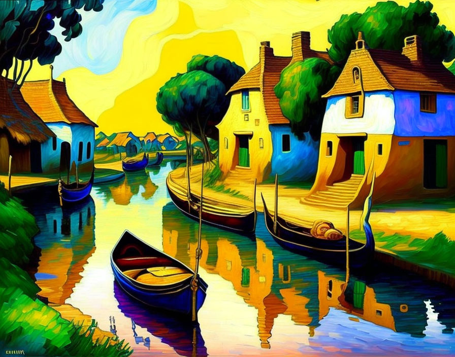 Colorful riverside village painting with swirling skies reminiscent of Van Gogh