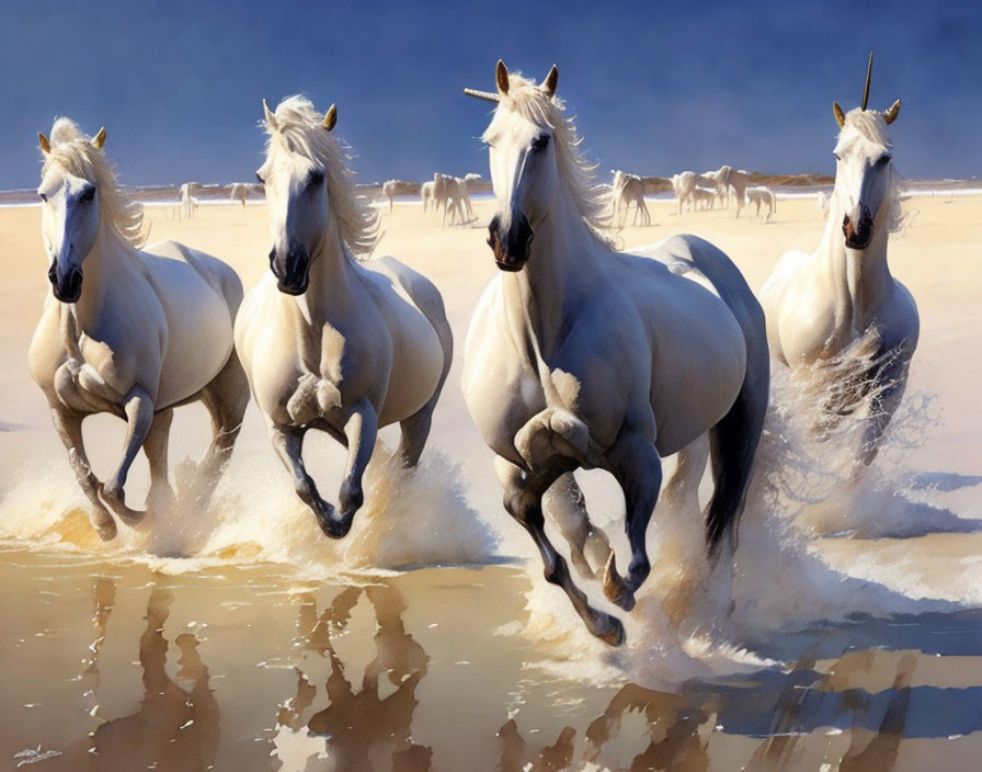 White horses galloping in shallow beach water under clear blue sky