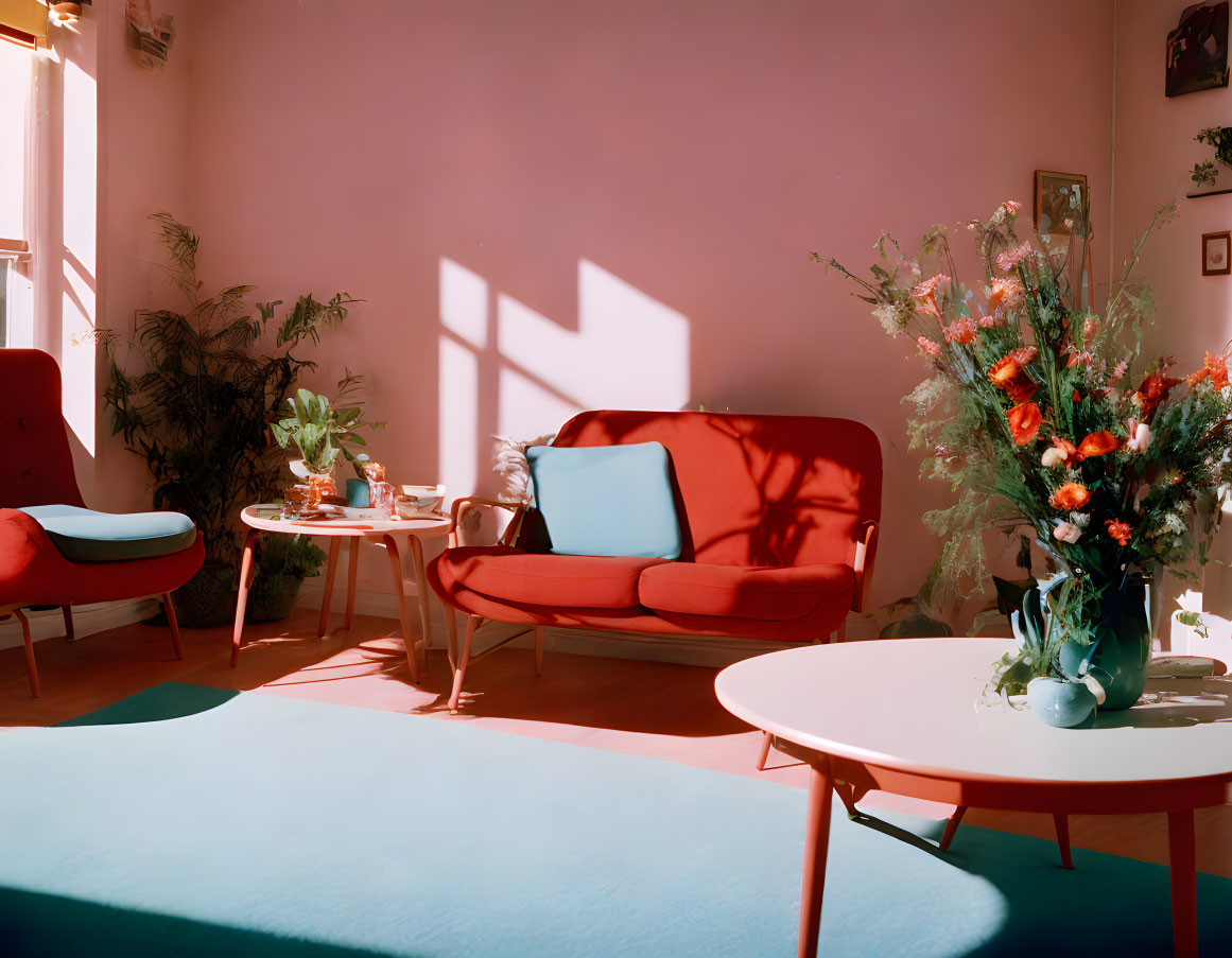 Sunset-themed cozy room with red sofa, white table, chairs, plants, and vibrant flowers