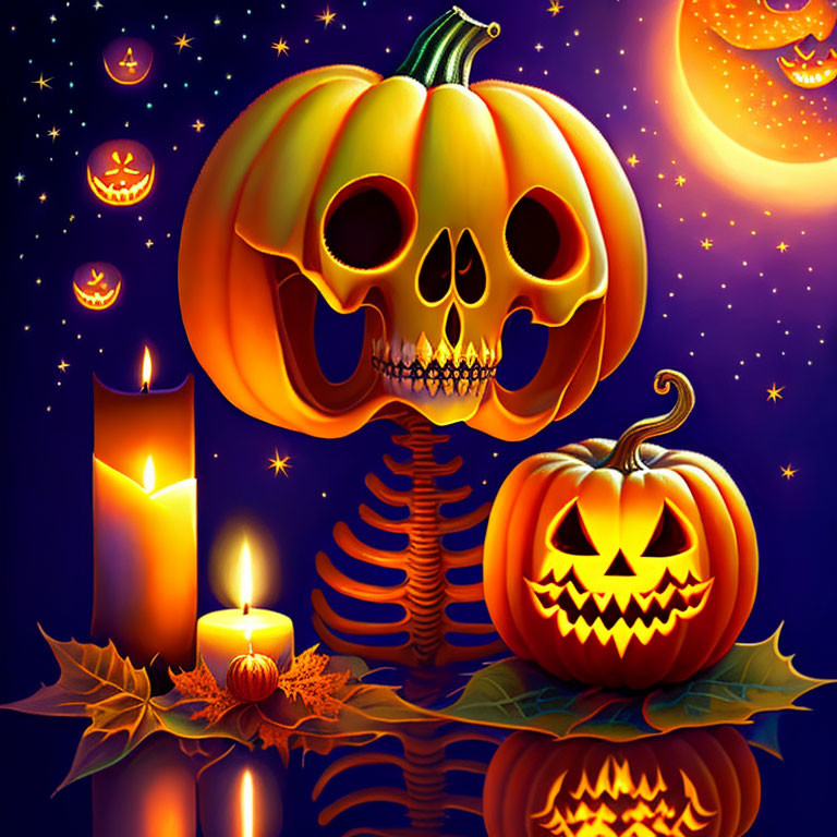 Skeleton with Pumpkin Head Surrounded by Halloween Decorations