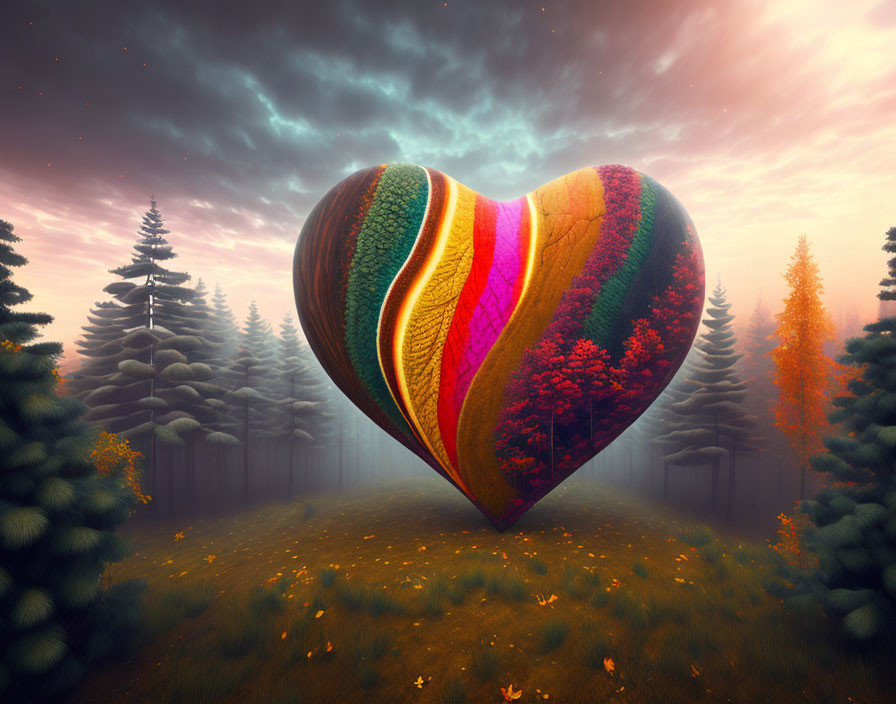 Colorful Heart-Shaped Object in Mystical Forest at Sunset