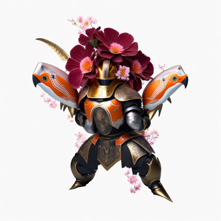 Robot in Gold and Orange Armor with Vibrant Flowers: A Fusion of Technology and Nature