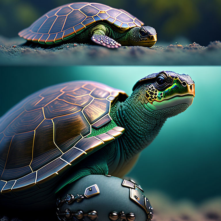 Detailed Digital Illustration of Two Turtles with Mechanical Shells