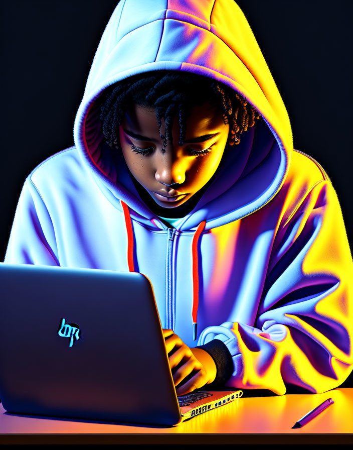 Person in Vibrant Hoodie Using Laptop in Dark Setting with Neon Lighting