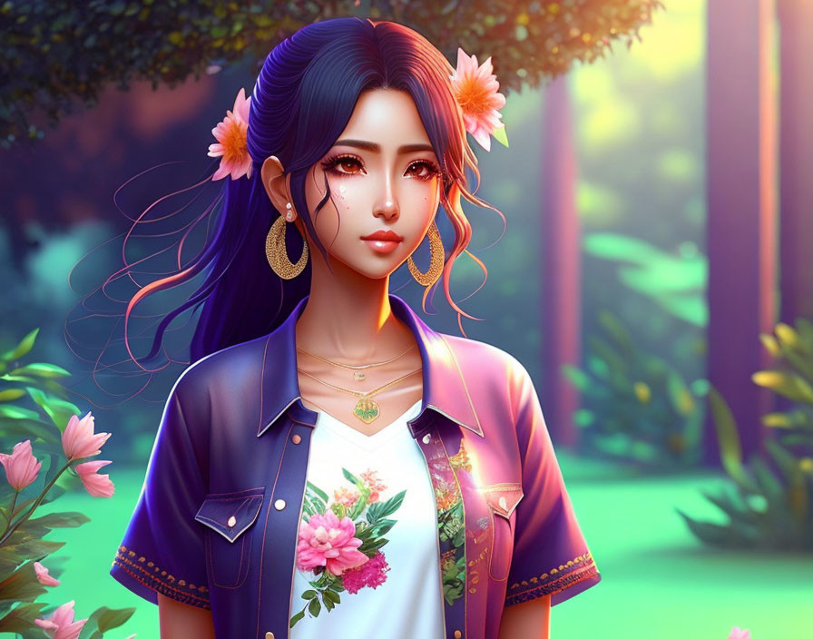 Digital artwork: Woman with blue hair, floral attire, set in lush garden