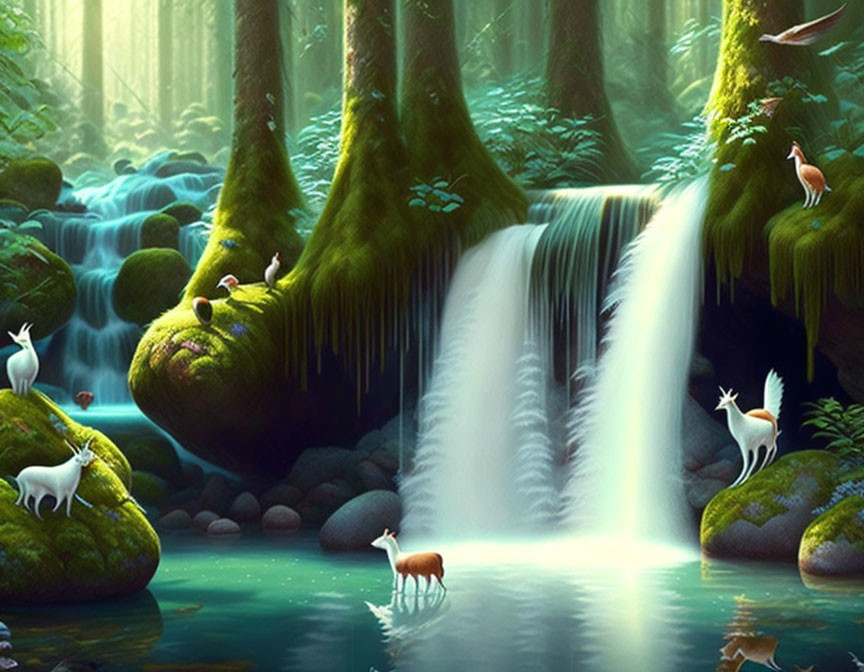 Enchanted forest with waterfall, mist, greenery, and mystical deer.