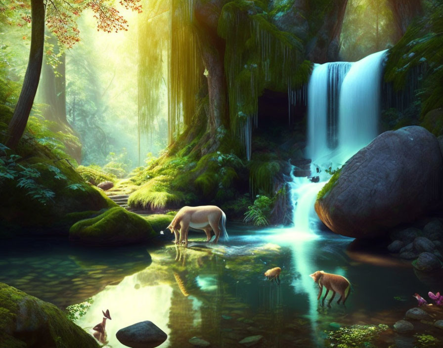 Tranquil waterfall scene with unicorn, wildlife, and lush forest