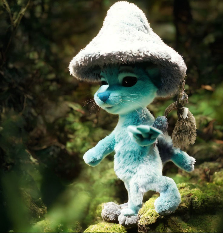 Blue Plush Toy Character in White Sombrero on Mossy Ground