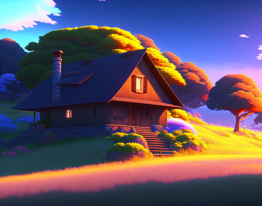 Blue-roofed house surrounded by glowing trees at twilight