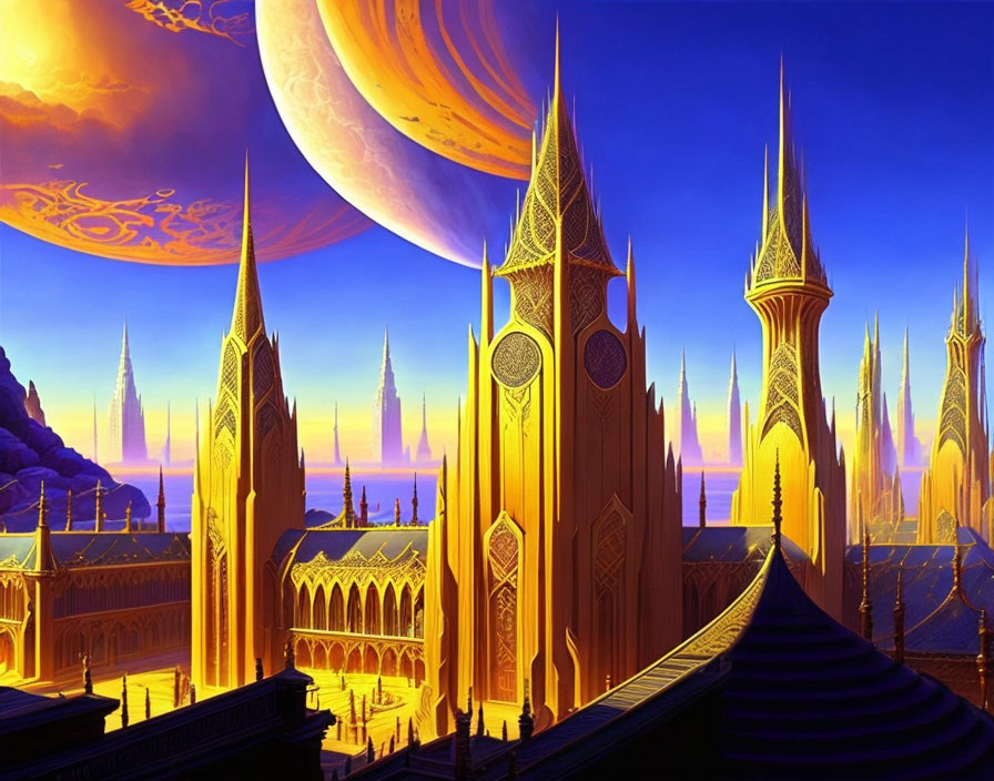 Fantastical cityscape with golden spires, large moon, and vibrant colors