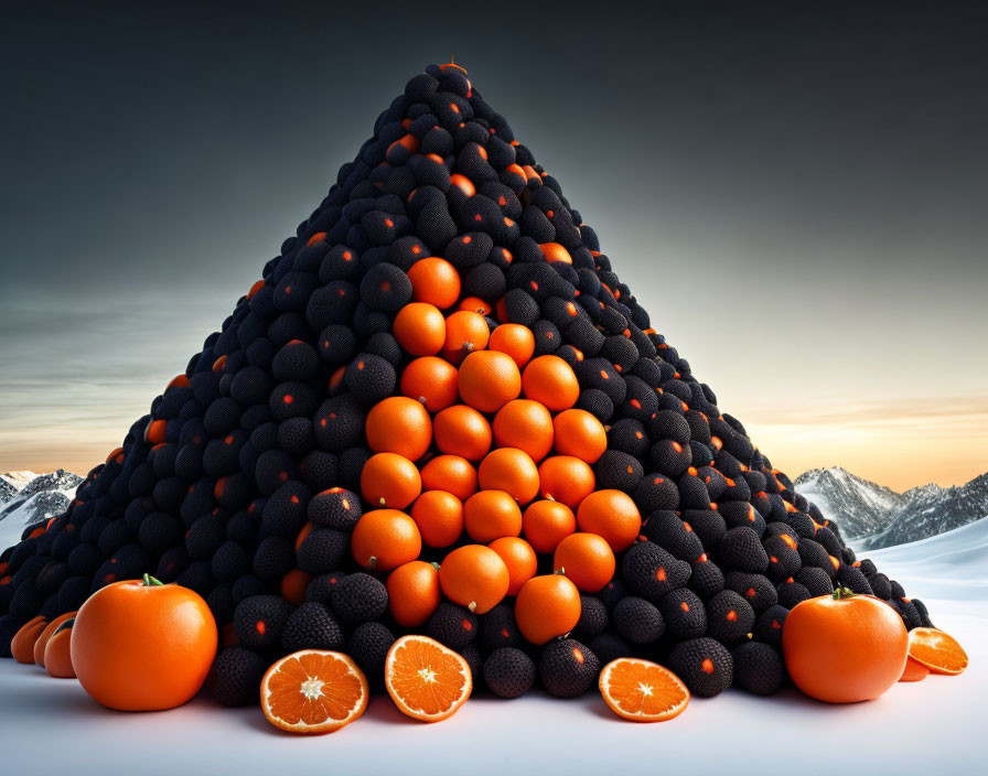 Pyramid of Black and Orange Spheres with Snowy Mountain Background